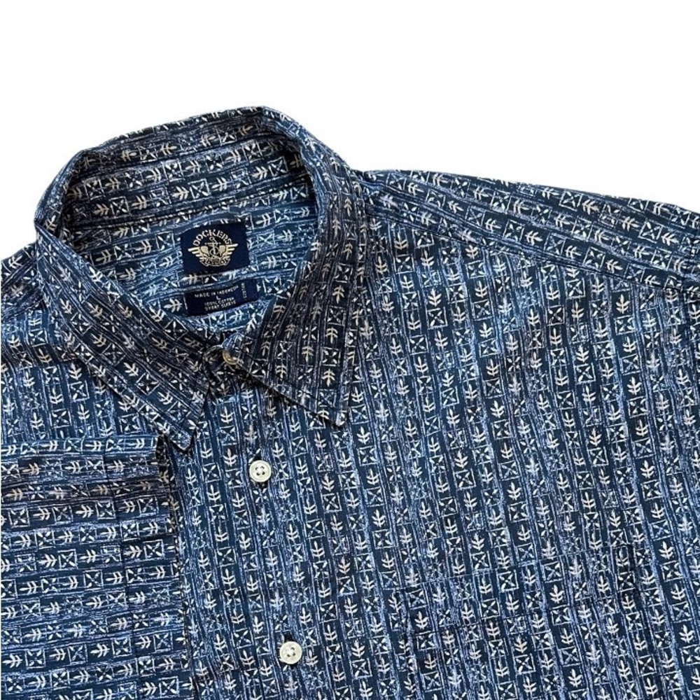 Dockers Men's L Navy Blue Printed Short-Sleeve Button-Down Shirt Tribal Casual